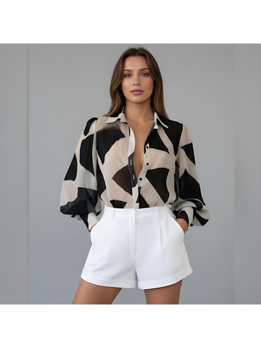 Geo Print Semi Sheer Blouse